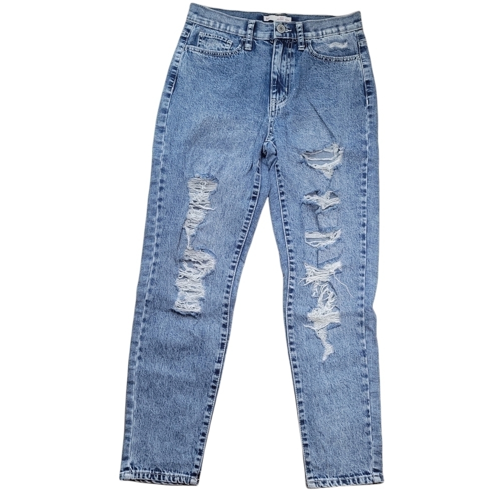 Junior's SO High Rise Distressed Mom Jeans in Medium Acid Deconstructed - Picture 3 of 10